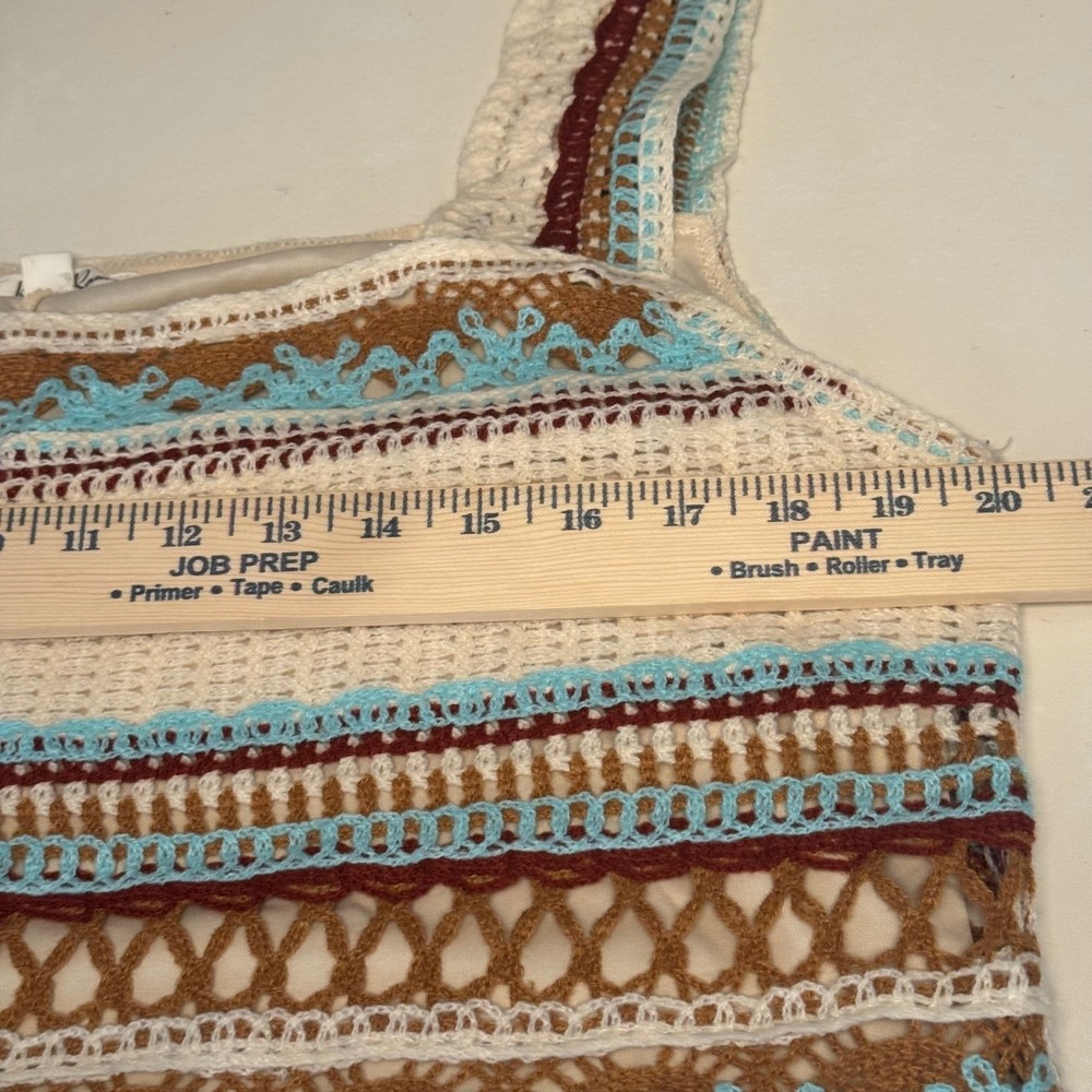 Crochet Midi Dress XL Cream Brown Turquoise Boho Striped Sleeveless Romantic - Picture 6 of 8